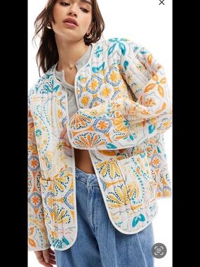 ASOS Quilted Patterned Puffer Jacket in White, Orange & Teal
